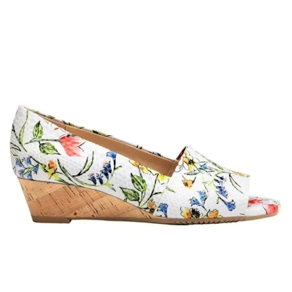 New! Aerosoles Textured Floral Print Cork Wedge Heel Comfort Slide On Shoes